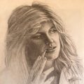 Pencil drawing of a person with long wavy hair holding a pen near their lips.