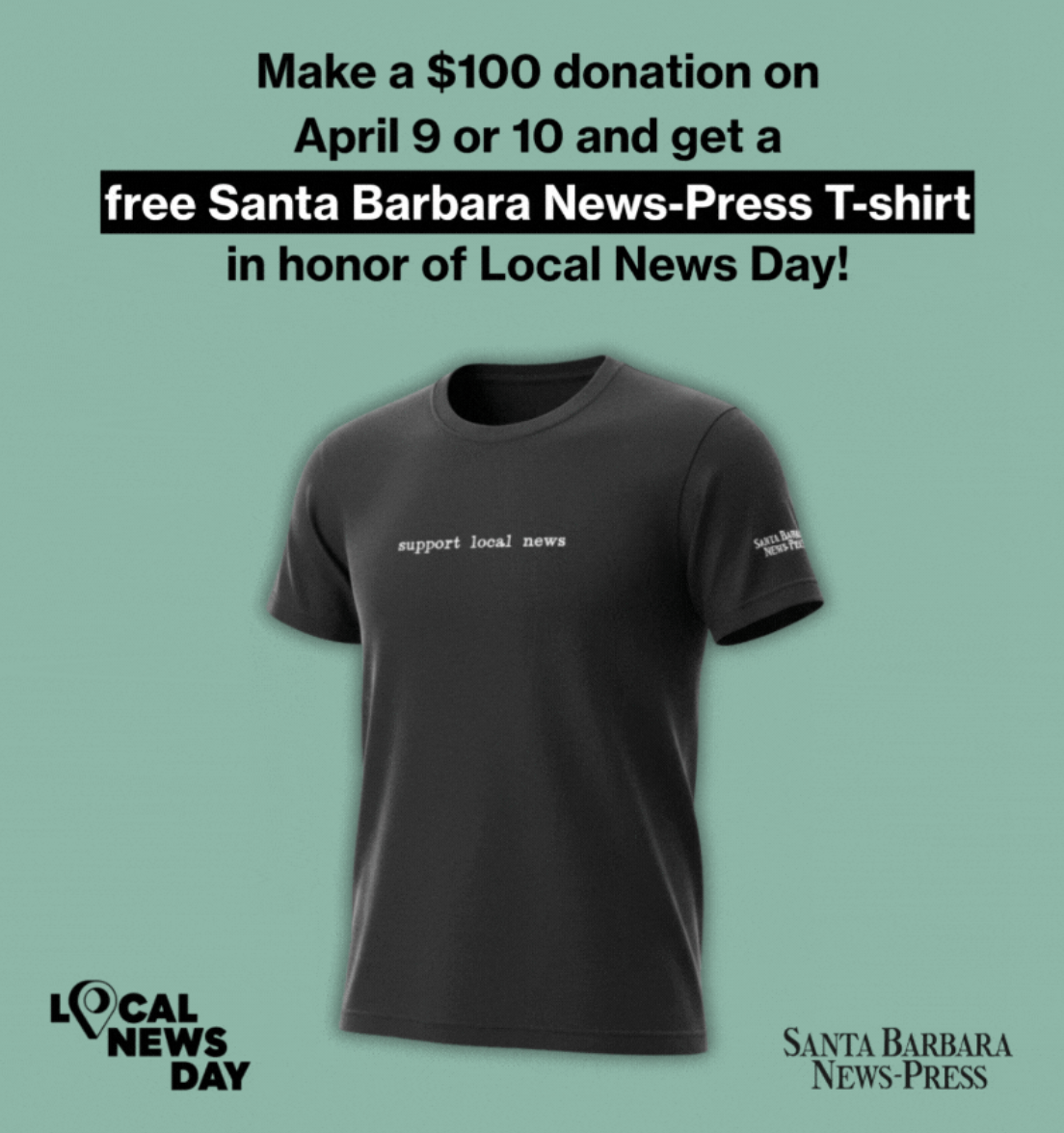 Make a $100 donation on April 9 or 10 and get a free Times of San Diego T-shirt in honor of Local News Day! (Includes photo of black t-shirt with text that reads "Support local news")